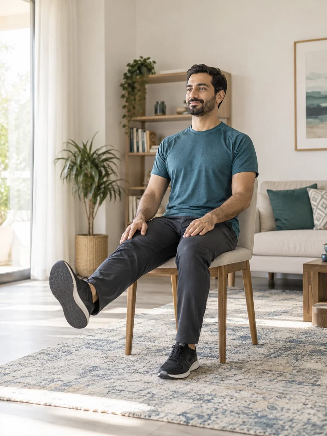 Man practising a seated knee extension at home