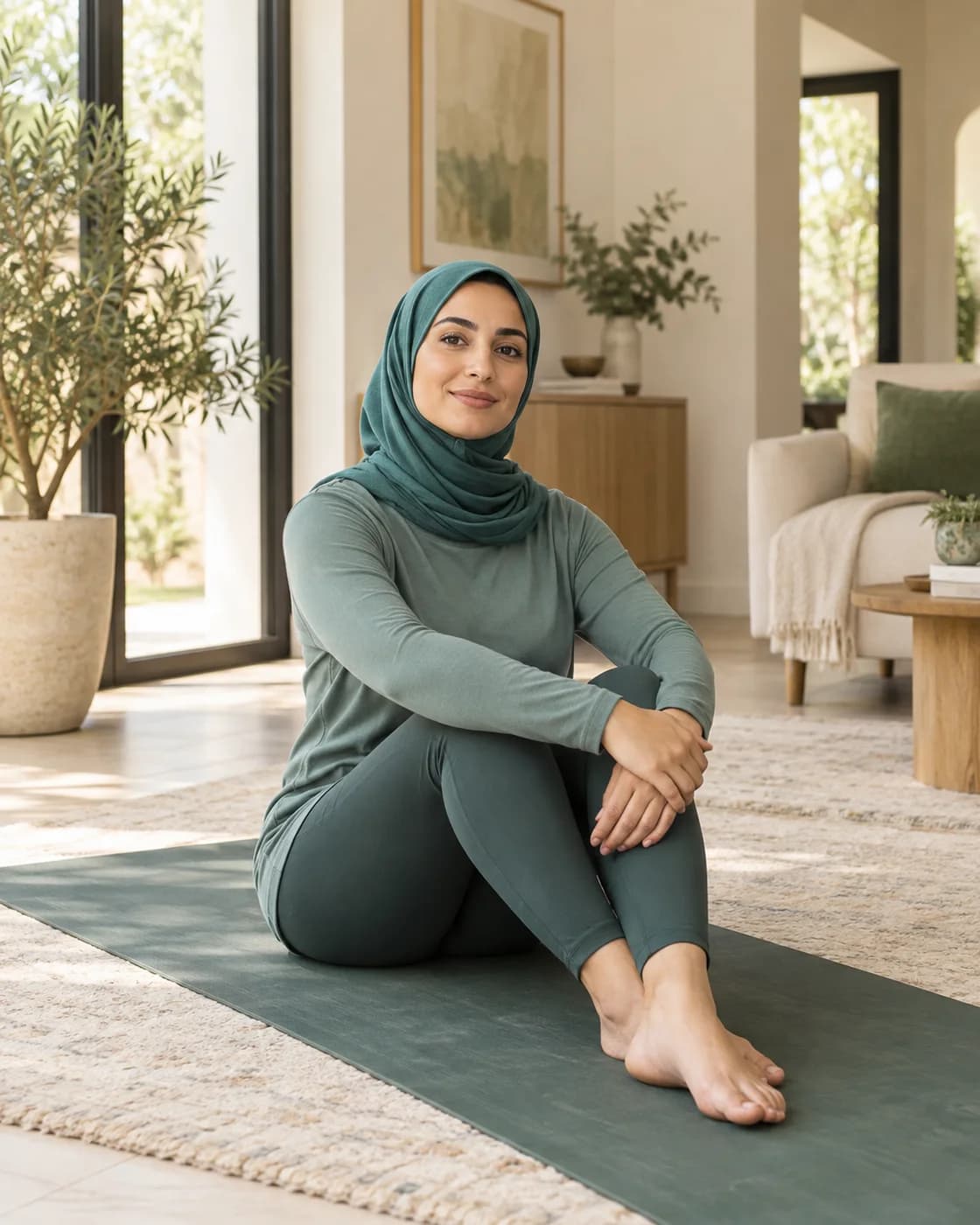 Woman sitting comfortably on a mat in a naturally lit home