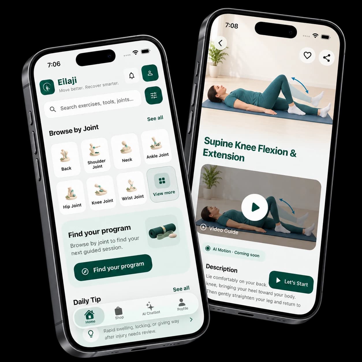 Eilaji app showing exercises by joint and a guided knee exercise