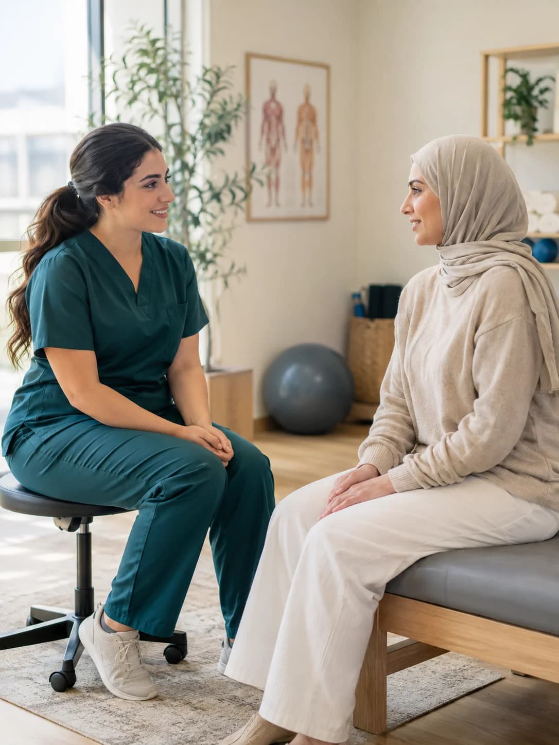 أخصائية علاج طبيعي تستمع إلى مريضة أثناء استشارة