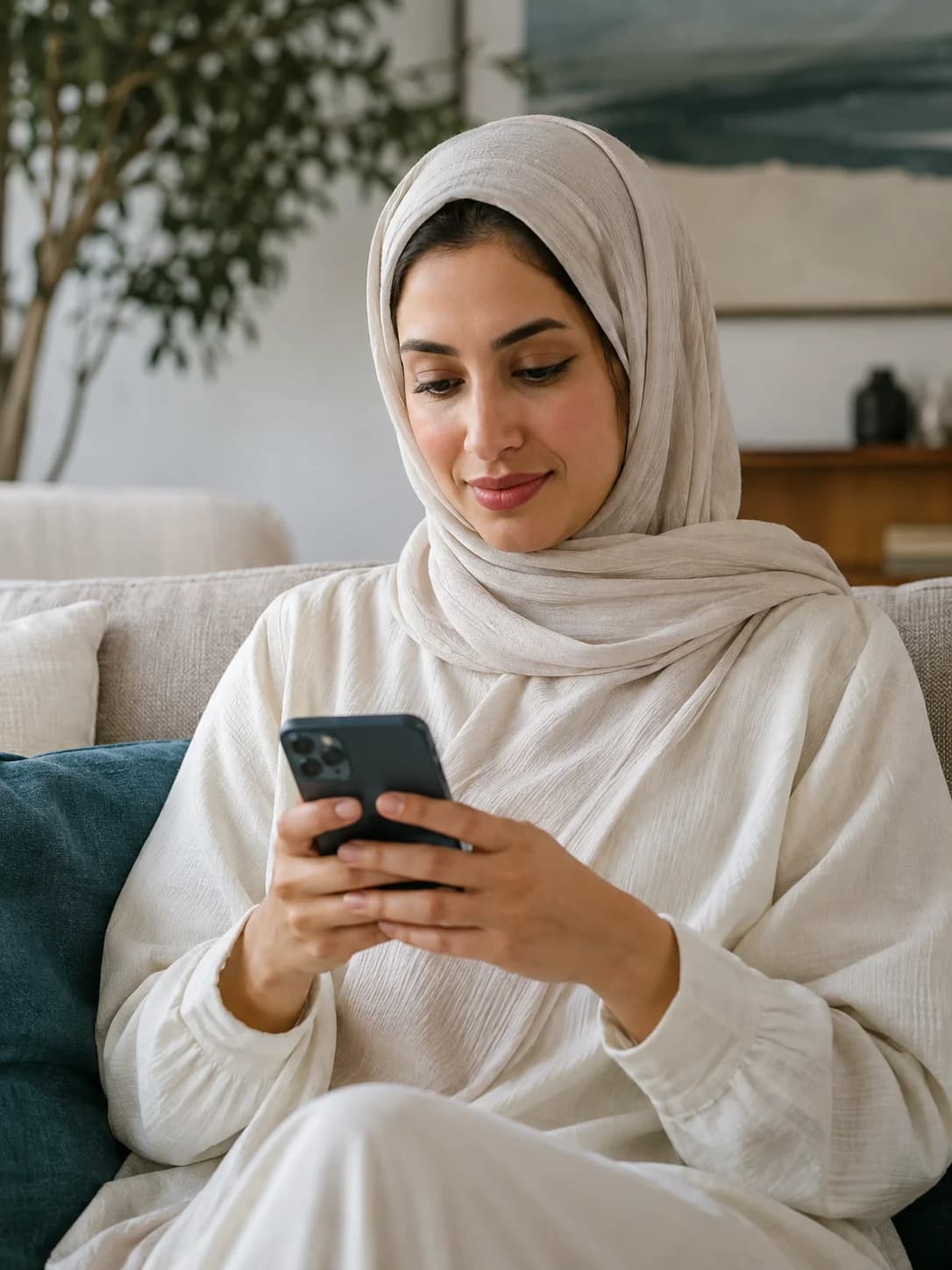امرأة تستخدم هاتفها في المنزل